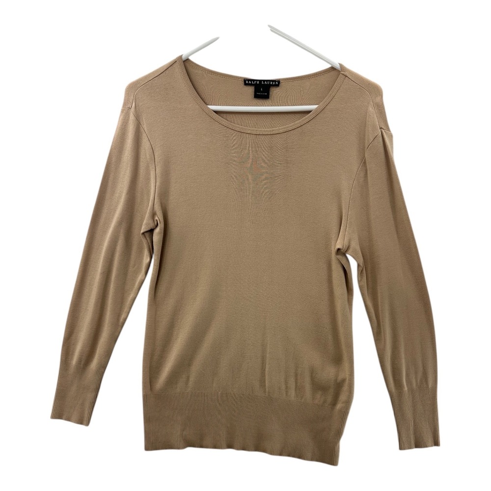 Ralph Lauren Women Size L Beige Long Sleeve Scoop Neck Mercized Cotton Sweater